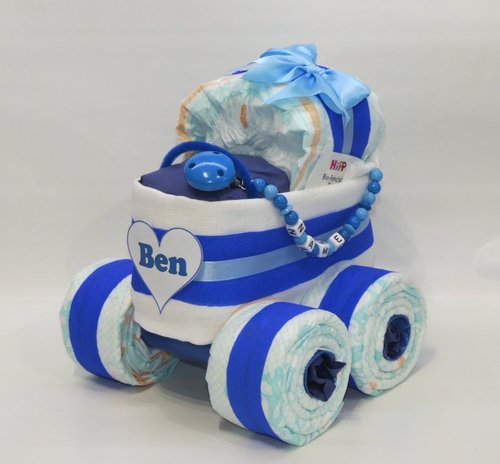 Windeltorte | Windelkinderwagen Herz mit Schnullerkette blau | Windelgeschenk
