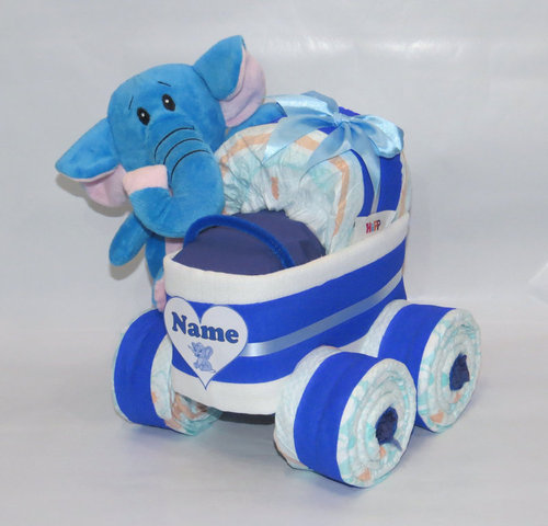Windeltorte | Windelkinderwagen Herz mit Plüsch Elefant blau | Windelgeschenk