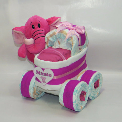Windeltorte | Windelkinderwagen Herz mit Plüsch Elefant pink | Windelgeschenk