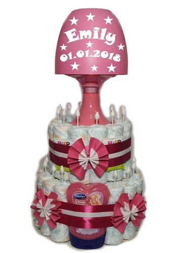 Windeltorte mit Kinderlampe Sterne mit Name und Datum in pink