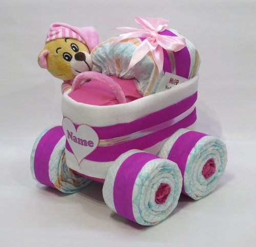 Windeltorte | Windelkinderwagen Herz mit Bär pink | Windelgeschenk