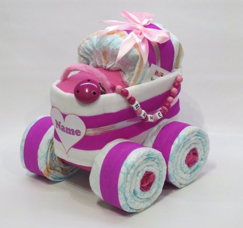 Windeltorte | Windelkinderwagen Herz mit Schnullerkette pink | Babygeschenk Mädchen
