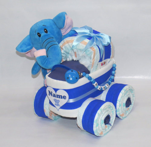 Windeltorte | Windelkinderwagen Herz mit Plüsch Elefant und Schnullerkette blau