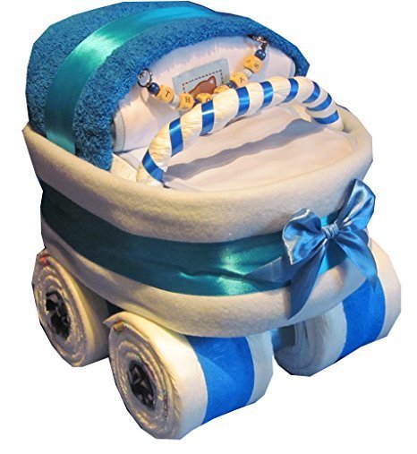 Großer Windelkinderwagen mit Namensanhänger blau