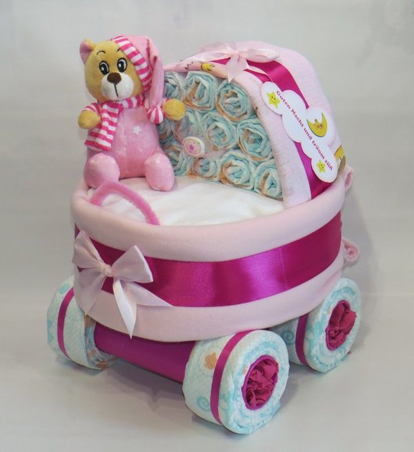 Windelstubenwagen mit Bär rosa Babygeschenk