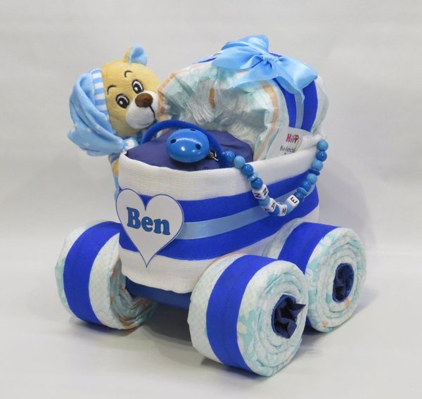 Windelkinderwagen Herz mit Bär + Schnullerkette blau