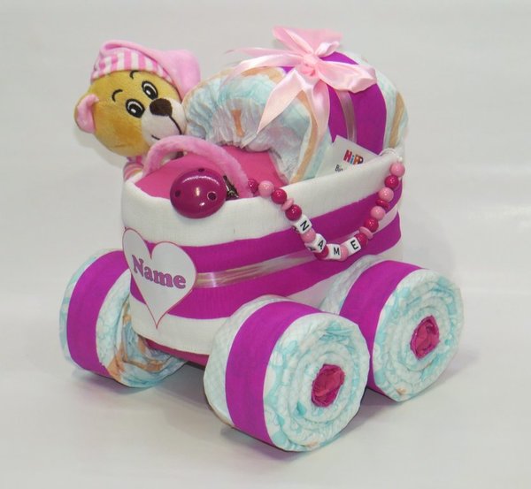 Windelkinderwagen Herz mit Bär und Schnullerkette pink