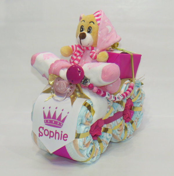 Windeltorte | Windelmotorrad Prinzessin mit Schnullerkette rosa | Windelgeschenk