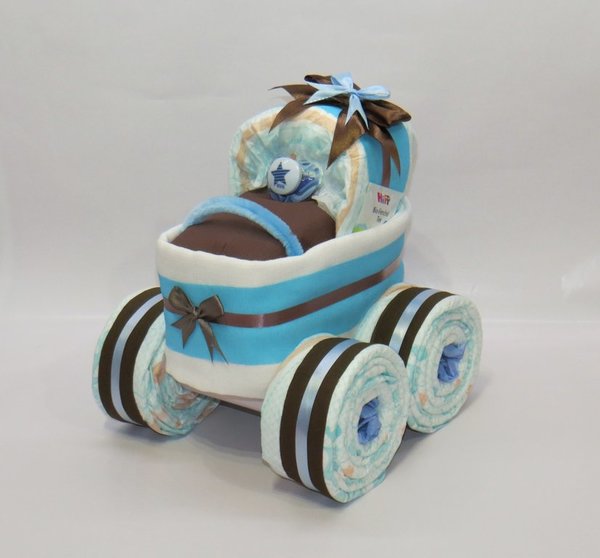 Windeltorte | Windelkinderwagen in braun/babyblau | Babygeschenk Junge