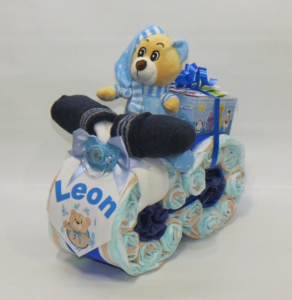 Windeltorte | Windelmotorrad Teddybärchen in blau | Babygeschenk Junge