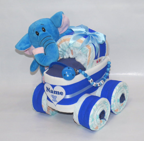 Windelkinderwagen Herz mit Plüsch Elefant und Schnullerkette blau