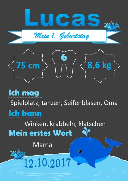 Bilderrahmen - Meilensteintafel - Mein erster Geburtstag - blau - Wal