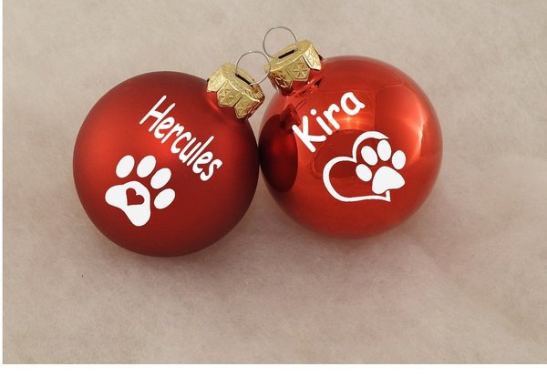 Weihnachtskugel mit Wunschname - Hundepfote - rot